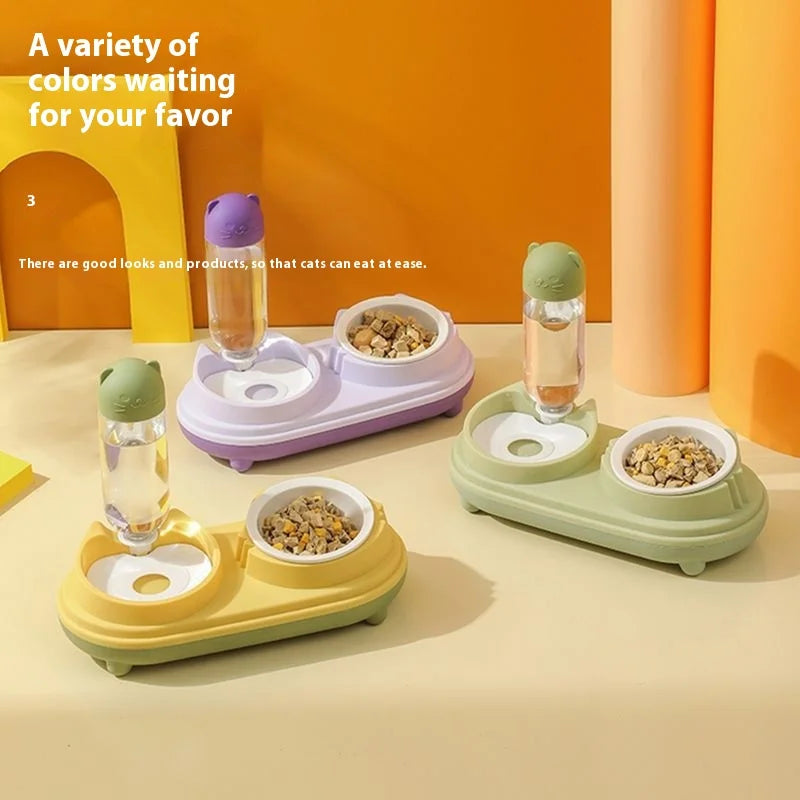 Dual Cat Dog Bowl Automatic Drinking Water Basin Anti-Choking & Anti-Knock Stainless Steel Plastic Material Cat Food Bowl