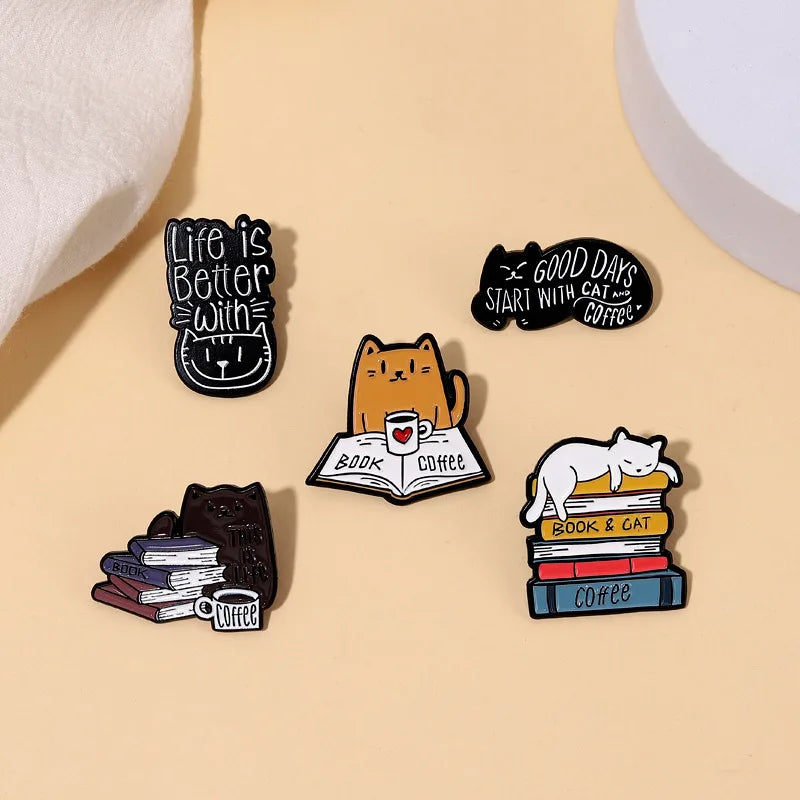 Lovely Cats Pin Read Book Naughty Black Kitten Brooches Bag Lapel Badge Kawaii Soft Enamel Pin Ready to Ship