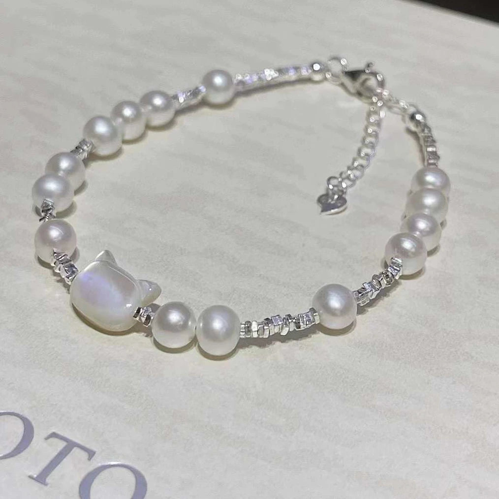 BEIZHIJIA Freshwater Pearl AAAA Baroque Shape Cat Silver 925 Sterling Silver Seashell Carved Cute Natural 5-6mm Beaded Bracelet