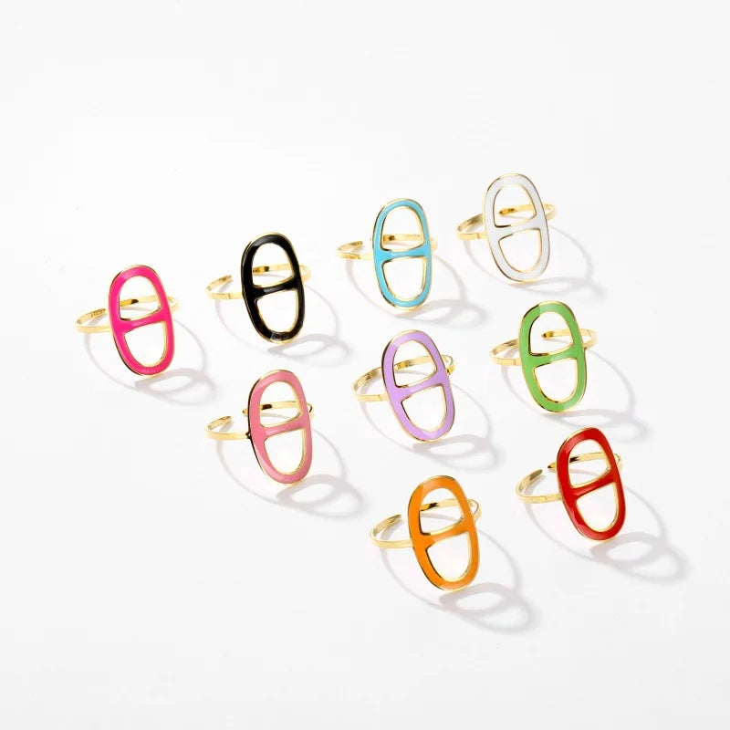 BINSHUO Custom Boho Geometric Enamel Rings Adjustable Multi Color Gold Plated Oil Dripping Stainless Steel Open Ring for Women