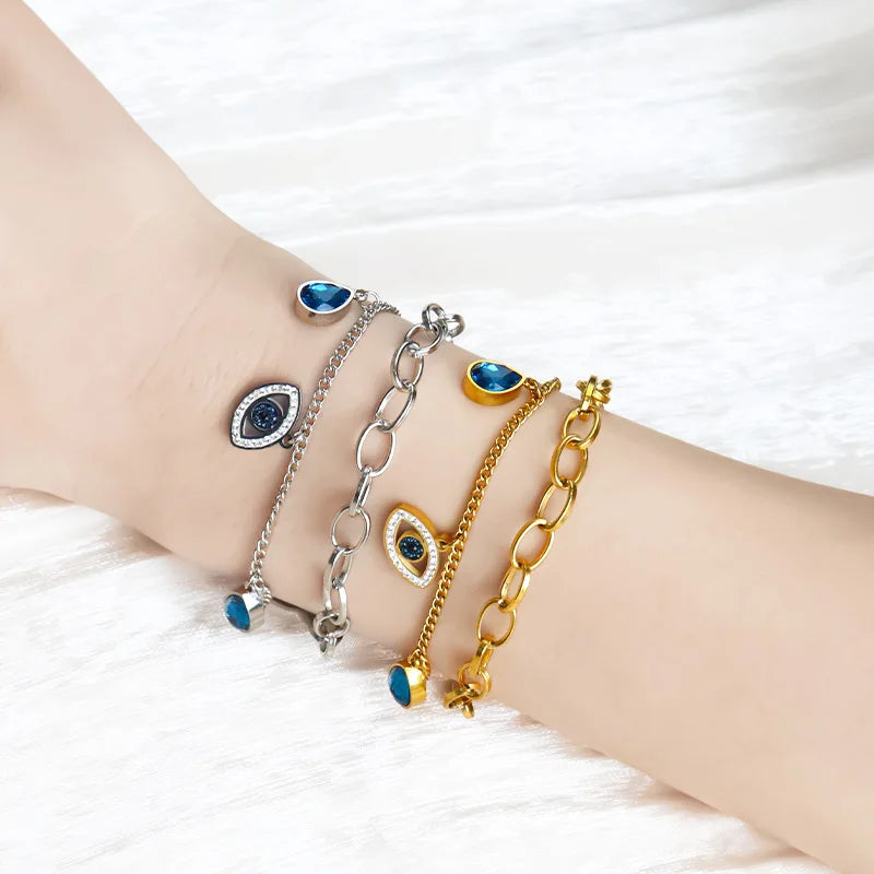 18k Gold Stainless Steel Jewelry Bracelet With Blue Stones Double Chain Bangle Surgical Stainless Steel Gold Bracelets for Women MegaBDM
