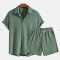 Waffle Men's Casual Loose Solid Color Short-sleeved Beachwear Set of Two Pieces
