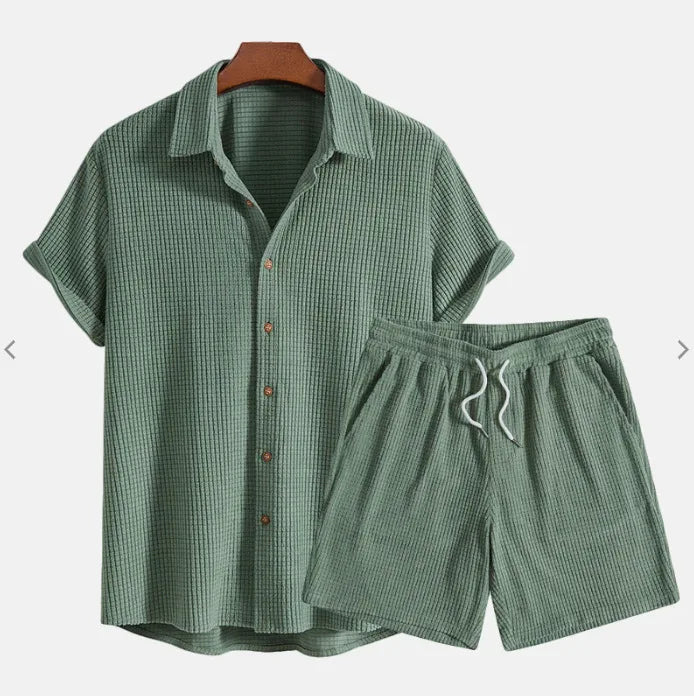 Waffle Men's Casual Loose Solid Color Short-sleeved Beachwear Set of Two Pieces