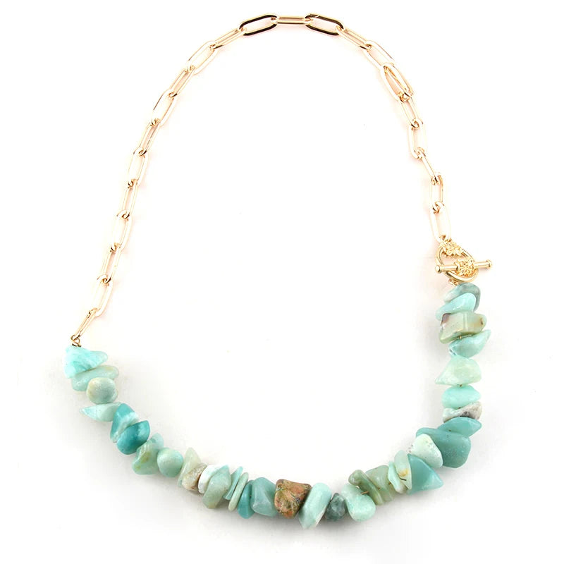 Fashion Women Paperclip Link Chain Bohemian Turquoise Natural Gemstone Amazonite Chip Stone Choker Necklace