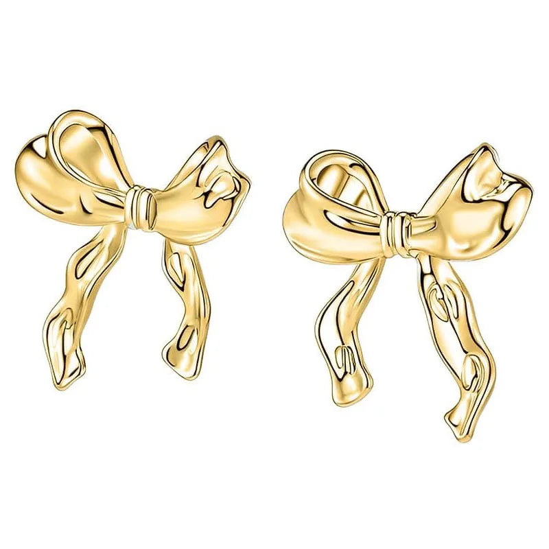 Gold Silver Bow Earrings Women Ribbon Stud Earrings