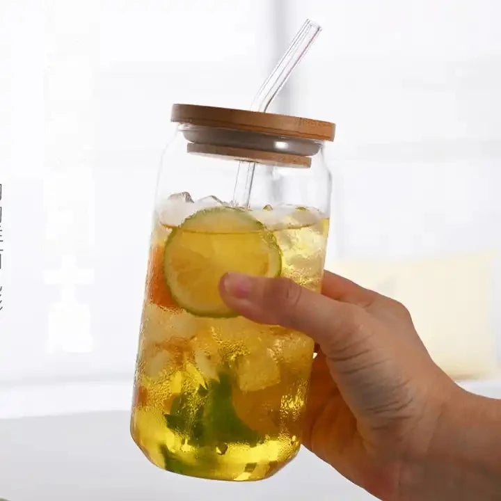 Customizable Sublimation Bamboo Reusable High Borosilicate Glass Can with Lid Straw Modern Design Cold Heat Resistant 12oz/16oz