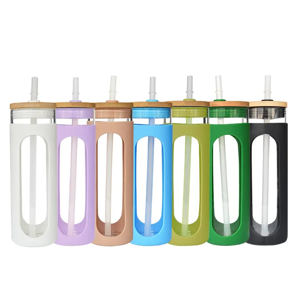 600ml BPA Free Empty Unique Bamboo Lid Silicone Sleeve Glass Bottles for Liquor