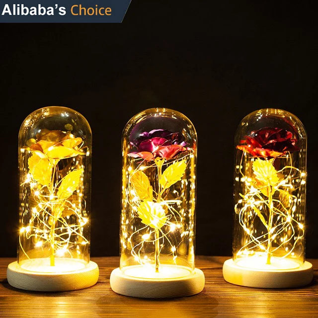 24k Gold Rose Artificial Red Rose Glass Dome Flowers for Decoration With Light Night Golden Rose for Valentines Wedding Gift
