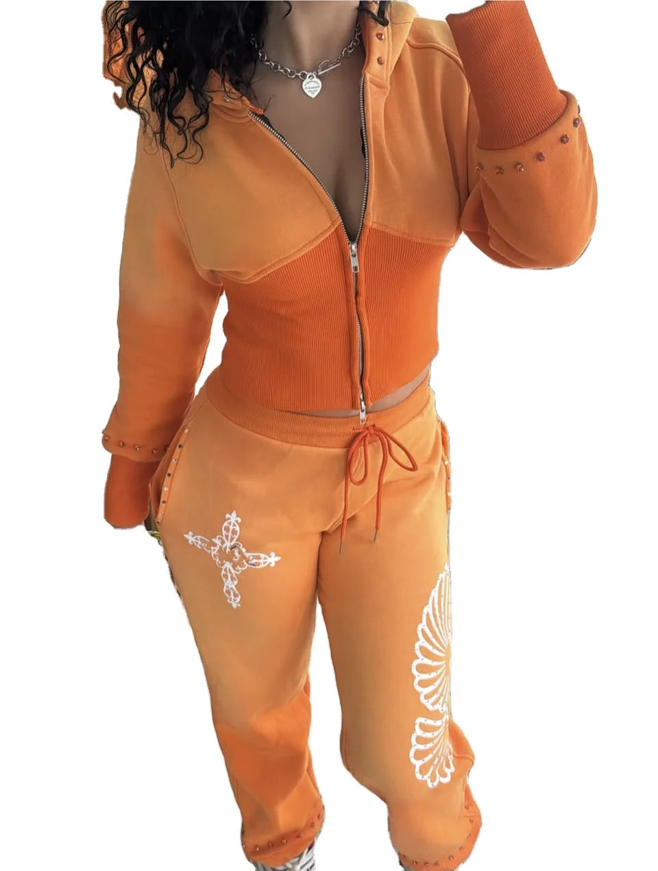KY Acid Washed Print Rhinestone Sweatsuits Thick Zip up Trendy Sweatsuits