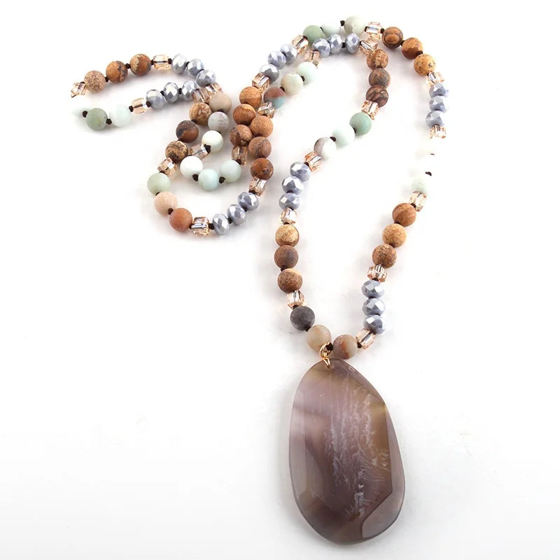 Fashion Women Jewelry Crystal Glass Long Knotted Agate lava White Howlite African Turquoise Drop Pendant Necklace