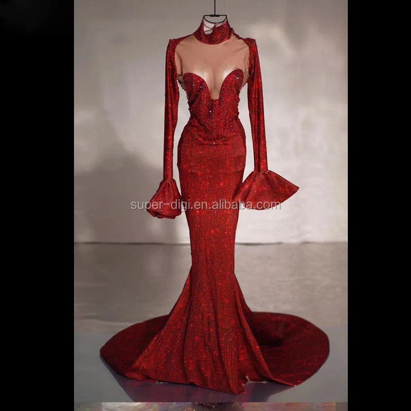 Red Evening Dress Long Crystal Stage Show Costume Party Girl Dresses