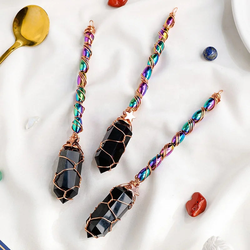 New Product Natural Gold Wire Wrapped Crystal Hexagon Scepter Obsidian Double Point Magic Wand