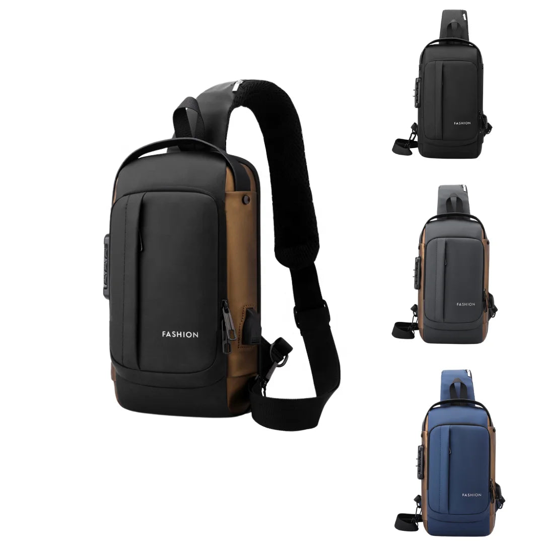 Quality Men's Chest Bag Password Lock Single Shoulder Black Backpack with USB Charger Moto Anti Theft Crossbody Sling Bag