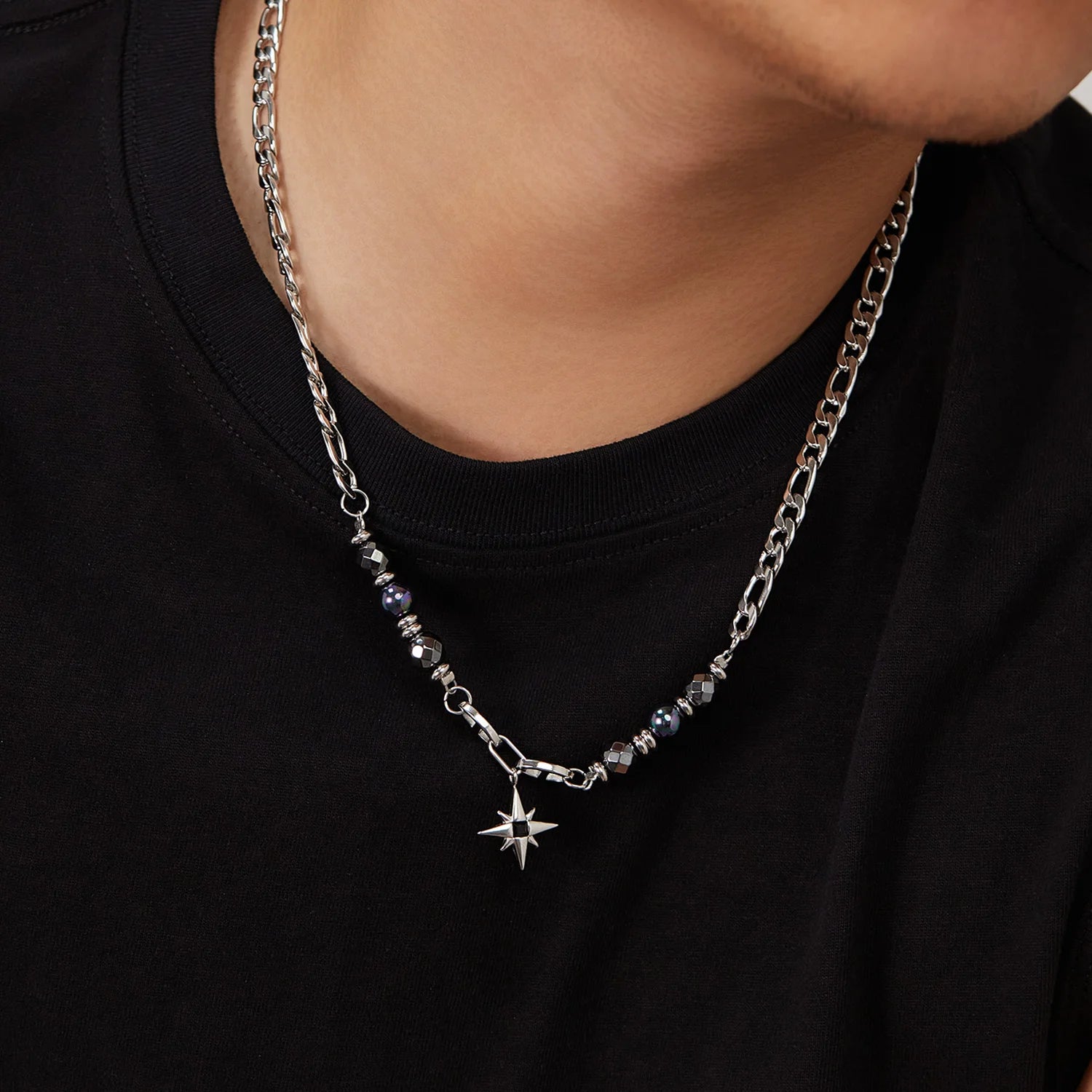 Fashion Punk Style 8MM Obsidian Starburst Titanium Steel Hip-Hop Pendant Necklace Men Hematite Beads Fashion Men Women Jewelry