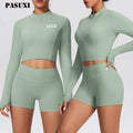 PASUXI New Women's 2 Piece Fitness Yoga Set Long Sleeve Crop Top High Waist Shorts Gym Pilates Activewear