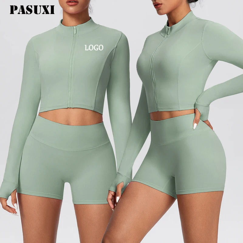 PASUXI New Women's 2 Piece Fitness Yoga Set Long Sleeve Crop Top High Waist Shorts Gym Pilates Activewear