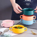 Wholesale Creative White Double Ear 4''ceramic Soup Bowl Cute Pottery Noodle Bowl Porcelain Salad Bowl with Handle for Dishwashe