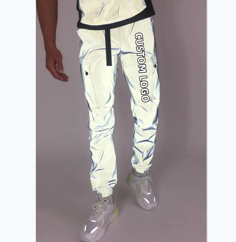 New Trend OEM Custom Logo Mens Clothing Casual Street Wear Zip up Jacket  Jogger Pants Set Reflective Cargo Pants