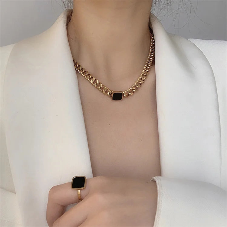 Wholesale No Fade Personalized Exaggerated Stainless Steel Black Square Crystal Thick Chain Bracelet Necklace