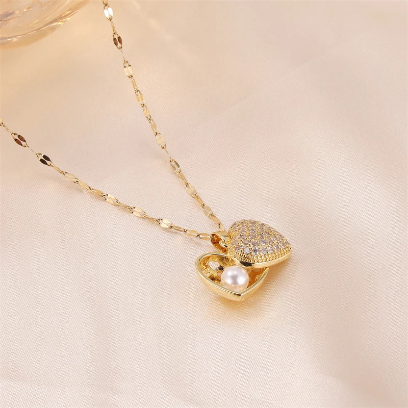 2023 New Stainless Steel Crystal Heart Necklace with Pearl Gold Plated Choker and Pendant for Party Jewelry