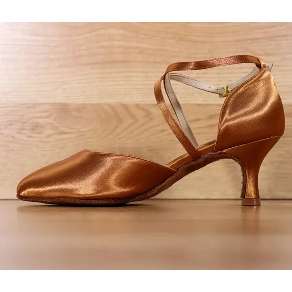 New Arrival Women's Satin Professional Ballroom Salsa Shoes with 5cm Heel Latin Dance Shoes in Brown Big Sizes US 4-12