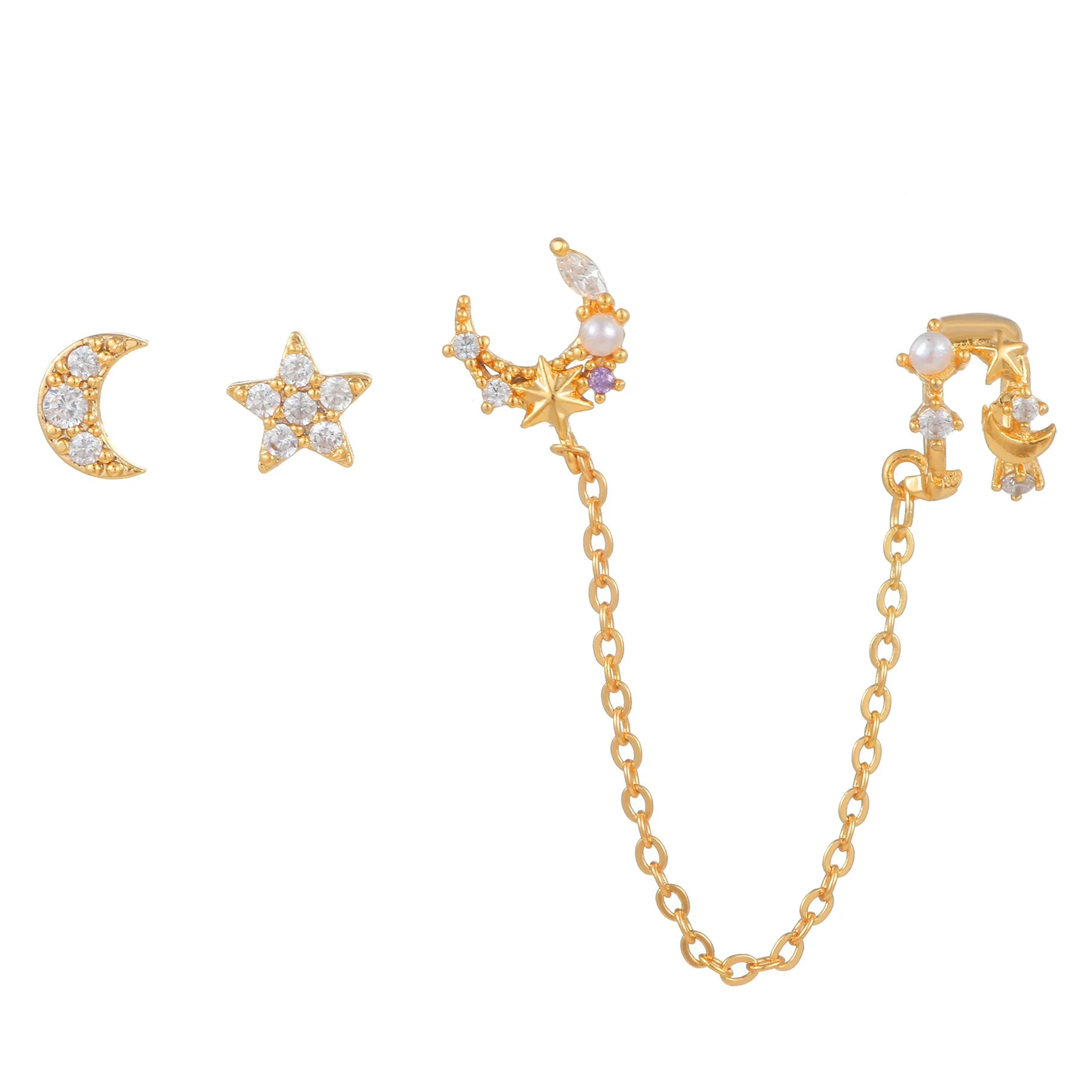 Sun and Moon Jewelry Earrings Set 18K Gold Plated 925 Sterling Silver Needle Stud Earring Inlaid Zircon Chain Tassel for Women