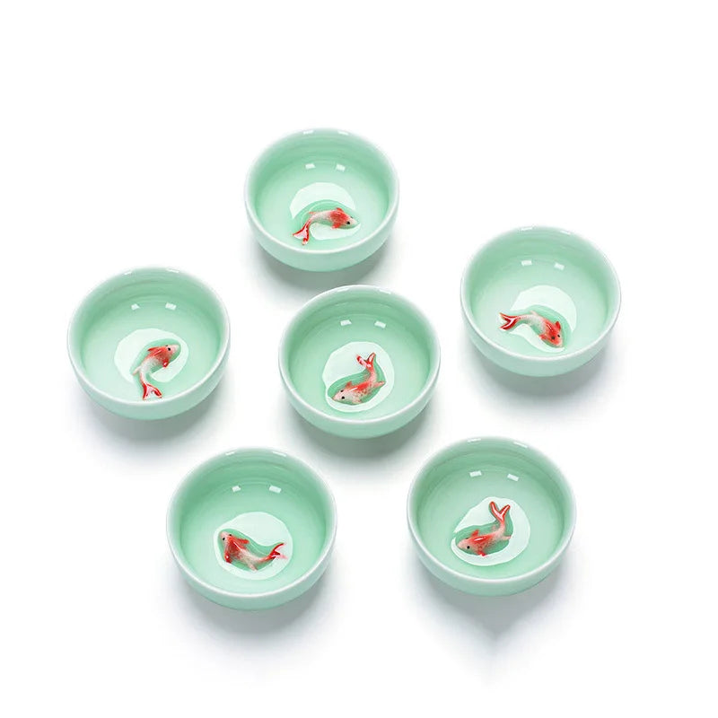 Cheap Factory Chinese Porcelain 3D Goldfish Pattern Tea Cup Celadon Ceramic Teacup Kung Fu Teacup Chinese Tea Set for Gift