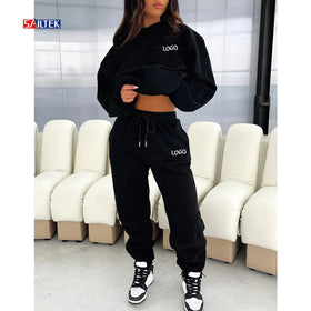 Wholesale Women's Clothing Custom Solid Color Printed Sweatpants and Hoodie Set Fleece Tracksuits for Women