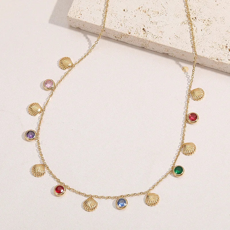 Boho Sea Shell Necklace Women 18K Gold Plated Shell Colored Zircon Chain Jewelry Shell Zircon Necklace