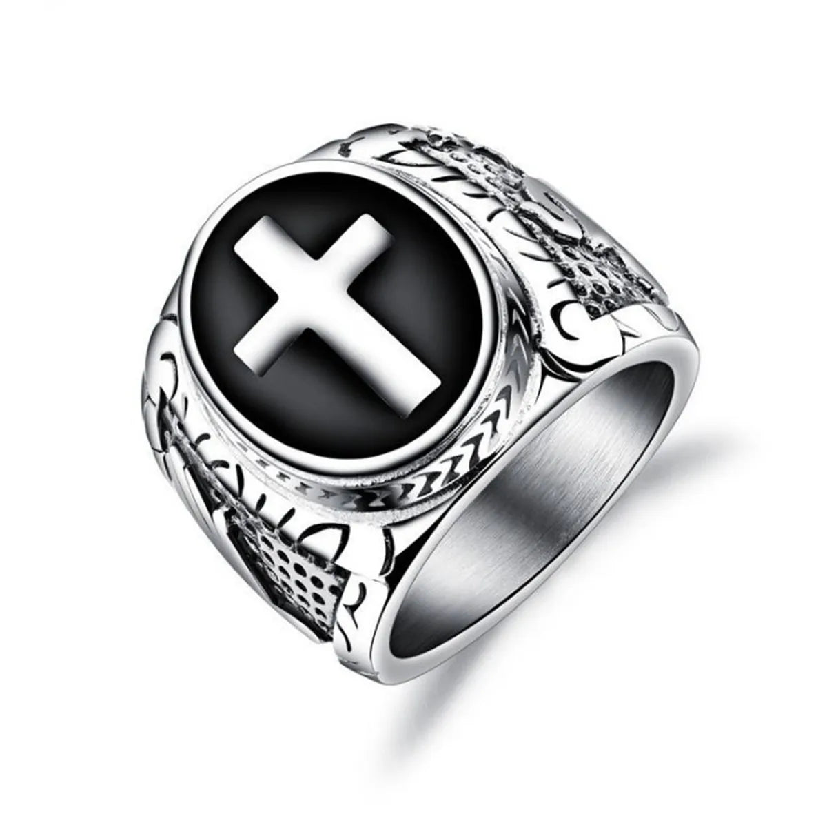Mens Vintage Titanium Steel Christian Holy Cross Prayer Jesus Ring Wedding Band Size 7-12