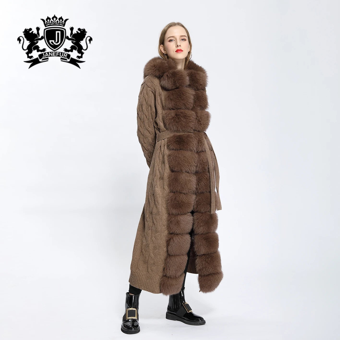 Janefur Women Over Long Natural Fox Fur Plus Size Wool Fur Sweater Plus Size Wool Cardigan