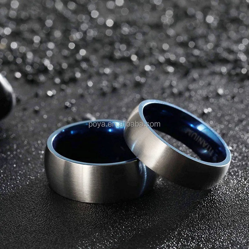 POYA Wholesale 6mm 8mm Titanium Ring Two Tones Black Blue Matte Domed Wedding Band for Men Women