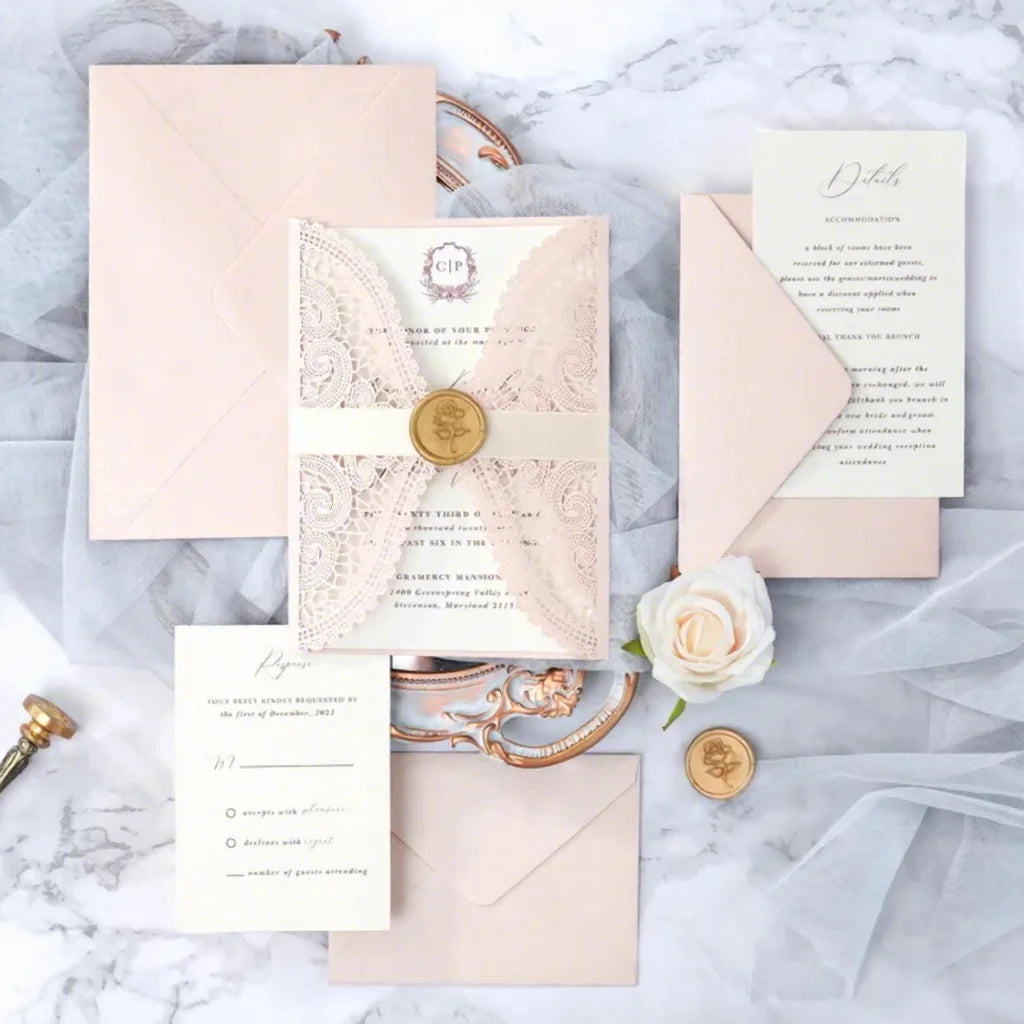 Elegant Ivory White Laser Cut Wedding Invitation Paper Card with Wax Seals  and Envelope for Wedding/Birthday Party Event