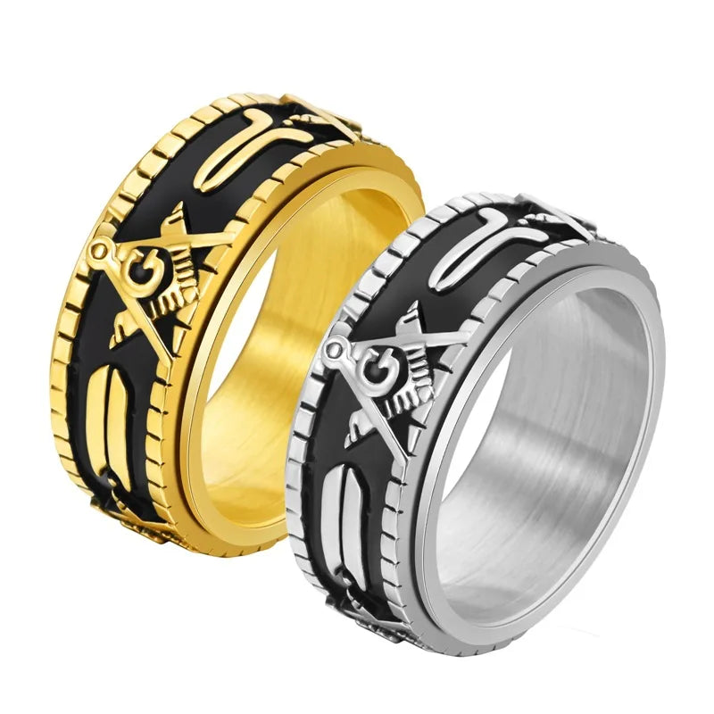 Vintage Silver Gold Freemason Pattern Rotate Relieve Stress Ring Stainless Steel Engrave Masonic Sign Rotatable Ring for Men