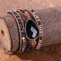 2025 New Style Bohemian Jewelry Niche Original Design Leather Wrap Bracelet with Black Agate 3-Circle Geometric Hand-Woven Chain