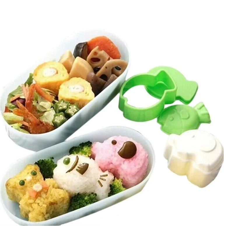 PP Plastic DIY Sushi Making Rice Ball Mold Set Cartoon Animal Shapes (Fish Bear Elephant) Mini Size 3-Piece Colorful Stocked