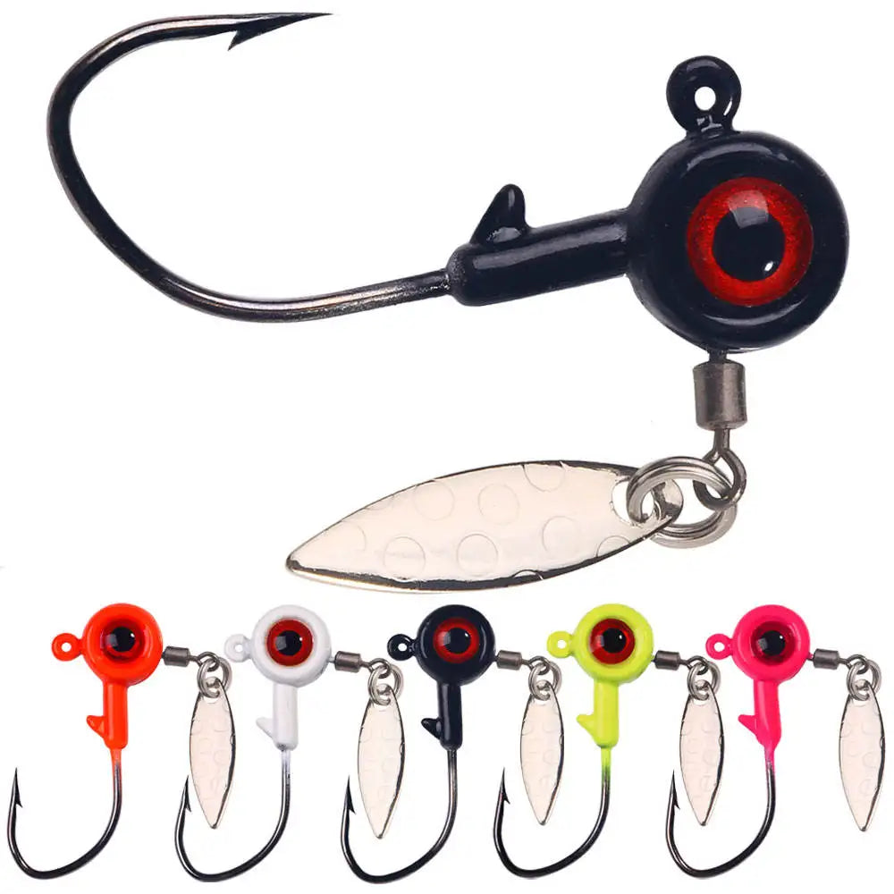 Wholesale JI201~205 1.75g 3.5g 5g 7g 10g 5pcs/bag Big Eyes Lead Jig Head Fishing Hooks with Rotating Spinner Spoon