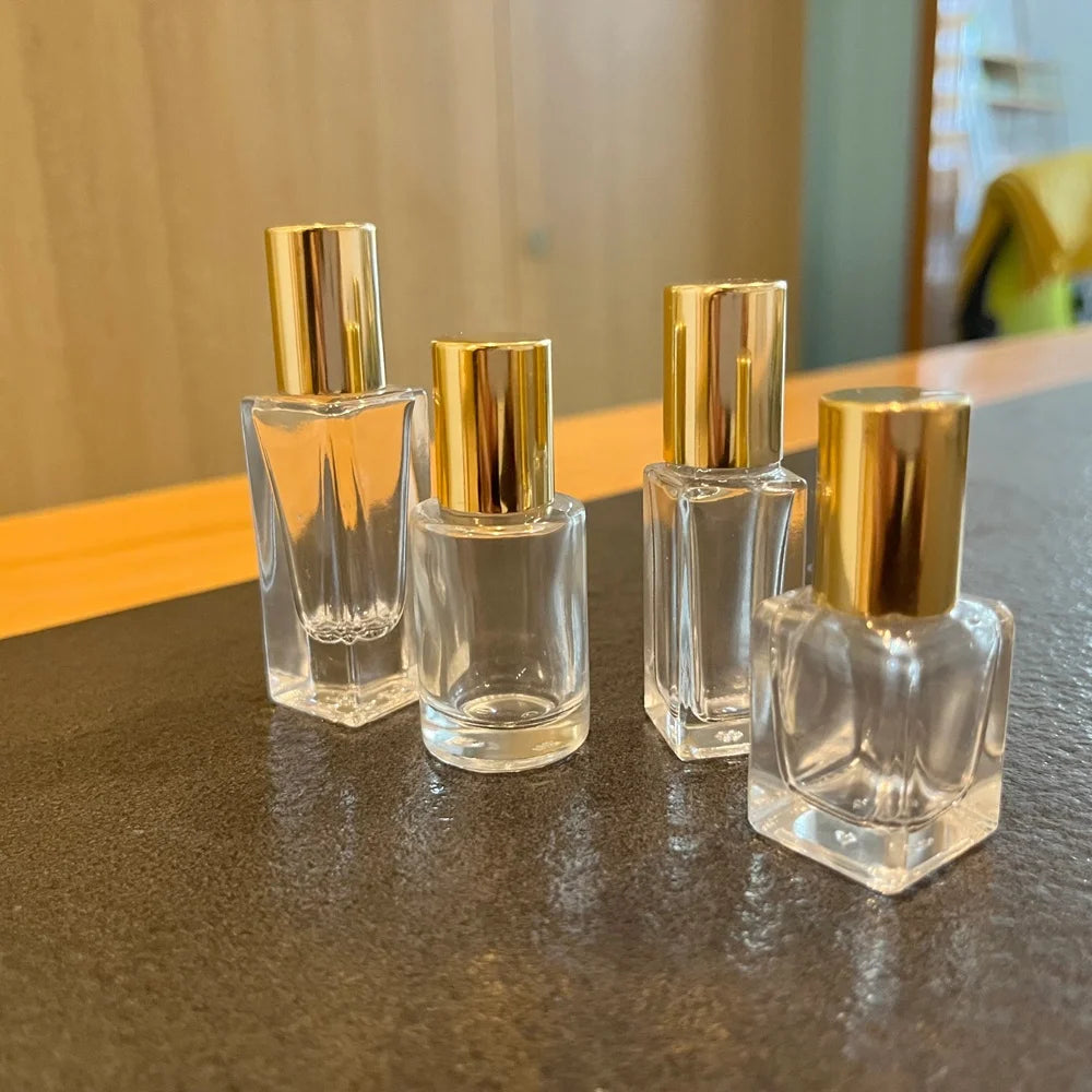 Wholesale 6ml Series clear square Rectangle Round Roll on Glass Bottle with Stainless Steel Roller and Shiny Gold Caps