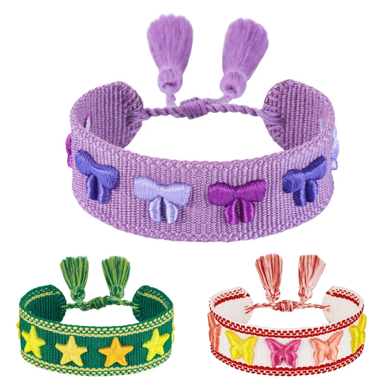 3D Embroidery Bow Butterfly Heart Star Pattern Custom Logo Word and Fabric Wristband With Letters Friendship Woven Bracelet