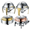 Electric Luxury Stainless Steel Roll Top Round Food Warmers Buffet Set Gold Chafing Dish with Glass Lid 6-Liter Capacity