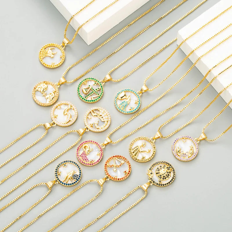 New Arrival Europe Luxury Fashion Gold Plated Hammered Copper Alloy Zodiac Pendant Necklace for Women Jewelry