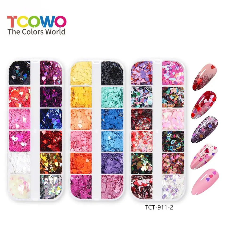 12 Grids Romantic Valentine's Day Glitter Love Sequins Heart Glitter for Nail Hair Shimmer Beauty Body Art Party Decor