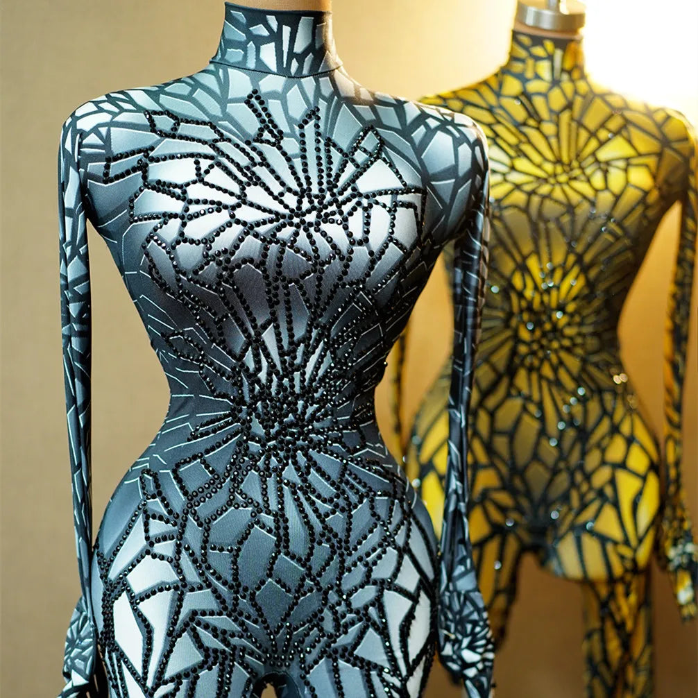 Designer Pattern Crystal One Piece Bodysuit Female Stage Dancer Costume Drag Show Gogo Dancer Costumes Women Rhinestone Jumpsuit