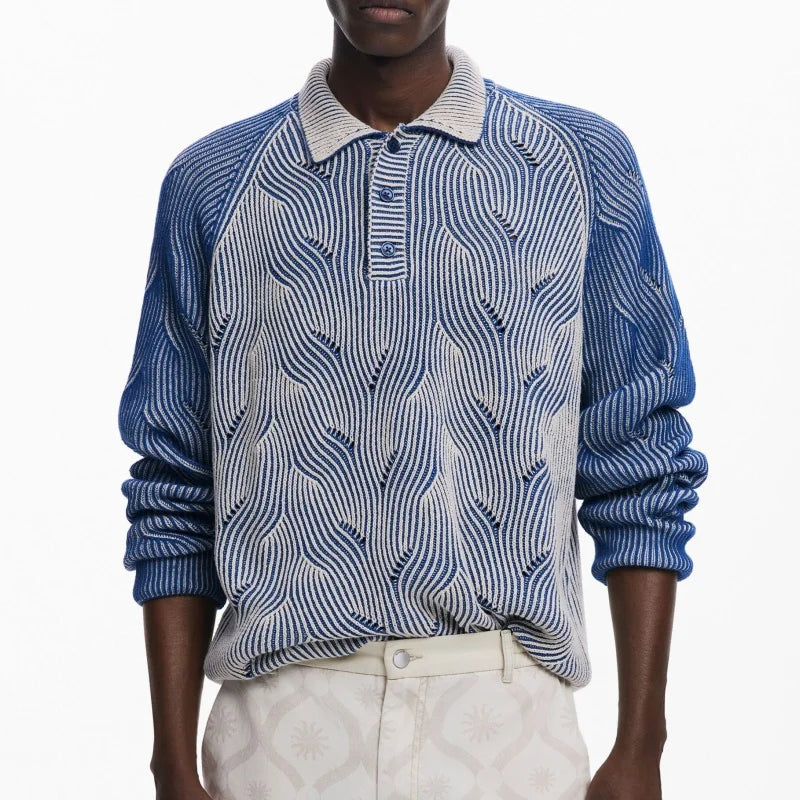 Twist Weave -style Collar Long-sleeve Old Money Style Knitted Jumper for Sweater 100% Cotton Front Logo
