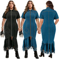 Y218353 Plus Size Denim Dresses Women Casual Elegant Short Sleeve Polo Collar Tassel Long Dresses Women Jeans Dresses for Ladies