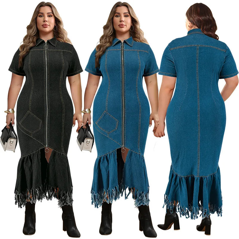 Y218353 Plus Size Denim Dresses Women Casual Elegant Short Sleeve Polo Collar Tassel Long Dresses Women Jeans Dresses for Ladies
