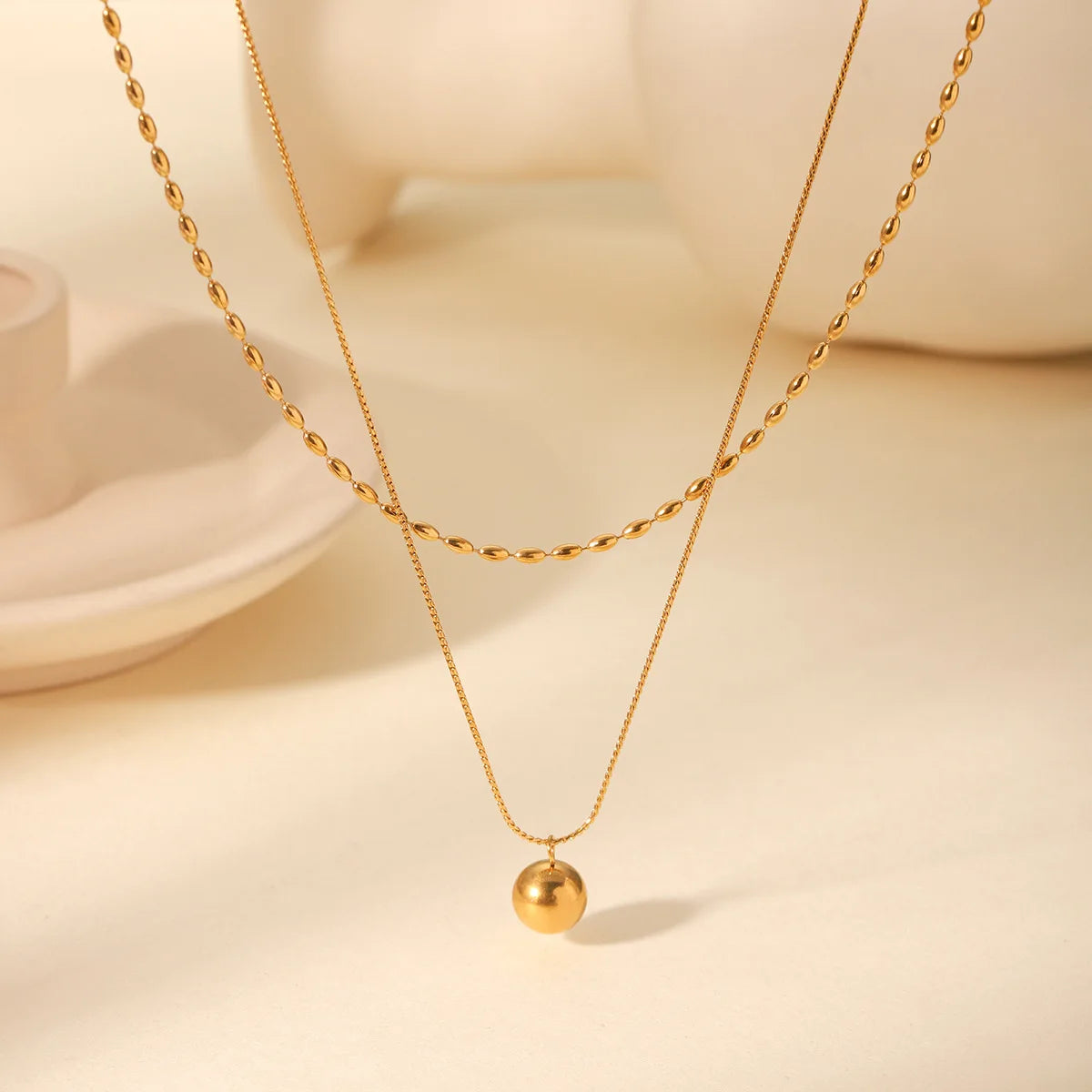 Trendy 18k PVD Gold Plated Waterproof Double Layer Stacking Gold Ball Pendant Stainless Steel Necklace