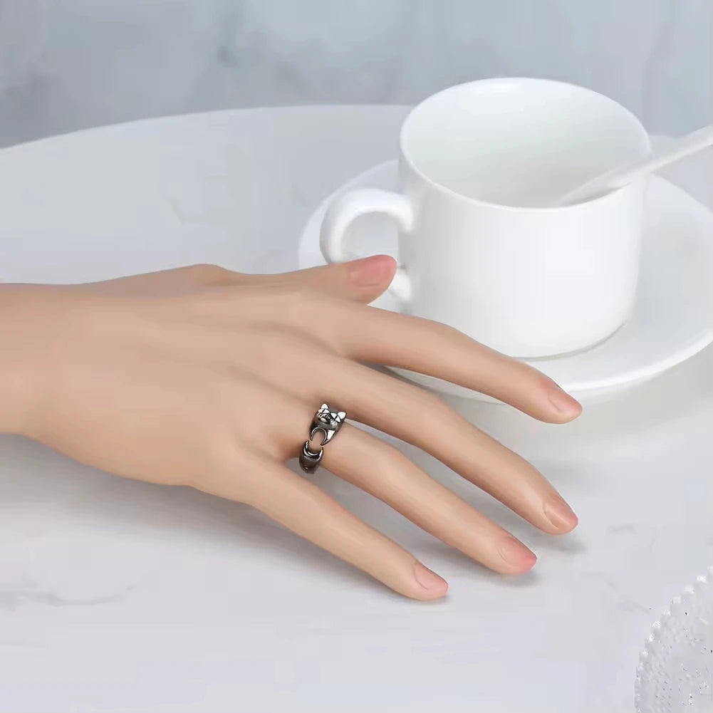 Trendy Jewelry 925 Sterling Silver Black Gold Plated Cartoon Cute Cat Open Ring