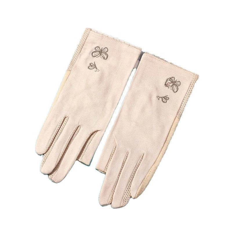 Cotton Fingerless Driving Gloves for Women Girls Butterfly Embroidered UV Protection Non Skid Summer Half Gloves