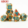 For Udixi Metal Polyhedral RPG Board Games Role Play Dungeons and Dragons Dice Set 7-Piece Metal Box Golden with Blue&Red